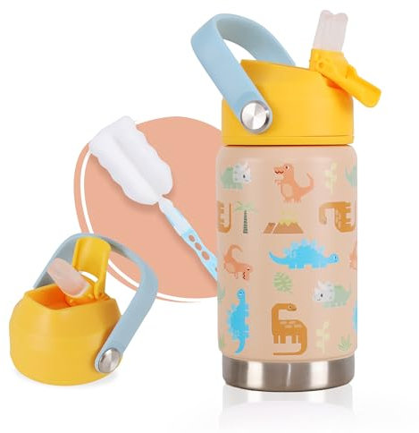 Smarthers Botella Agua Niños 350 ml - Botella Agua Acero Inoxidable con Pajita, Sin Fugas, con cepillo y pegatinas - Botella Termica Acero Inoxidable Niños, Duradera y Segura para el Colegio