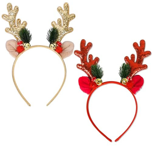 AYNKH Bandeau de Renne de Noël Avec Oreilles en Peluche - Accessoire de Cheveux pour Enfants, Femmes et Filles - Décoration de Noël (2 Pièces)