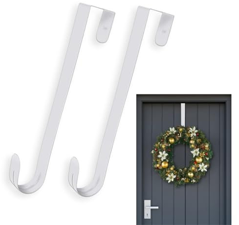 Caliko Wreath Hanger for Front Door 12.5 x 2.5cm Wide pk2– White Metal Door Wreath Hanger, Elegant & Sturdy Design Wreath Hook for Front Door, Wreath Door Hanger for Christmas & Wedding Party