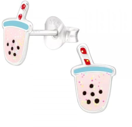 Milk Bubble Tea Tapioca Stud Earrings with Gift Box - 8mm x 8mm Cute Sterling Silver Food Fruit Fun
