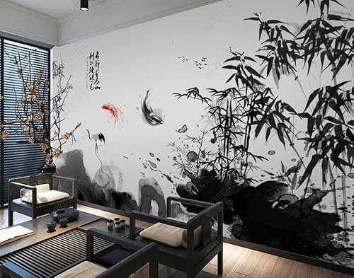 ZZBdTapete Papier Peint Intissé Poisson en bambou noir et blanc peint à la main Tableaux Muraux Tapisserie Photo Décoration Murale Salon Chambre 400CM(L) x280CM(H)