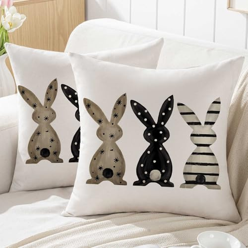Jayusaror Ostern Kissenbezug 50x50 cm DREI Hasen Frühling Kissenhüllen Outdoor Osterhase Sofakissen Bauernhaus Dekokissen Kissen Couchkissen Kissenbezüge Zierkissenbezug Couch Deko 2er Set