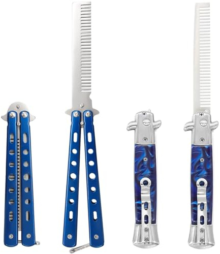 Canumer Herramie 2pcs Automatic Knife Combs Pocket Comb with Switch Butterfly Comb Stainless Steel Beard and Moustache Brush Automatic Shaving Comb for Men 2 Pack