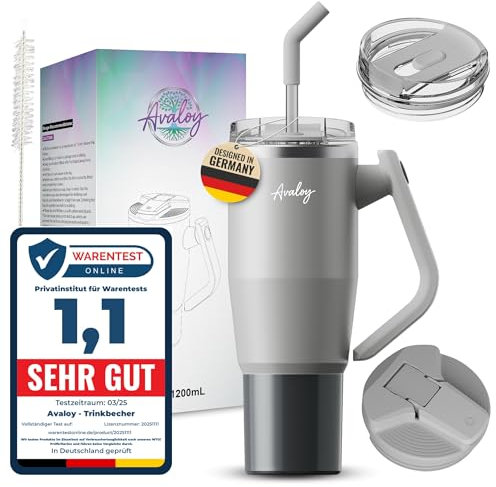Avaloy auslaufsicher Thermobecher mit Griff und Strohhalm 40 oz Thermobecher Doppelwandiger Edelstahl Vakuum Tumbler für kalt Heiß Kaffeebecher To Go 1,2l Stanley Cup Zubehör (Cool_Grey)