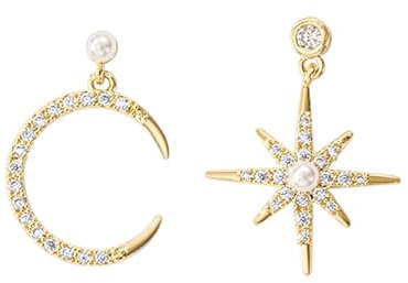 Frauen Stern und Mond Ohrringe, Bohème Mond Stern Asymmetrische Ohrringe, Goldene Sterne Monde Ohrstecker für Mädchen und Frauen (Gold-3)