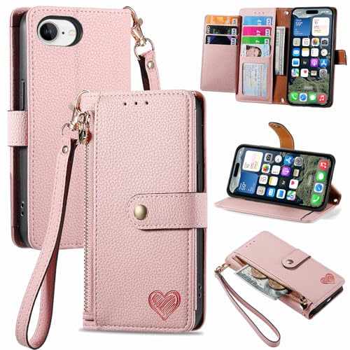 COQUE pour Apple iPhone 16e, avec [Béquille][Blocage RFID][Lanière] Portefeuille en Cuir PU à Motif cœur, pour Apple iPhone 16e-Rose