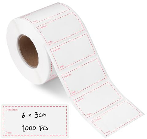 Hengsong Freezer Labels,1000 Sticky Labels on a Roll,for Jars,Kitchen,for Storage Boxes,Pantry,Fridge Stickers,White,Red,6x3cm