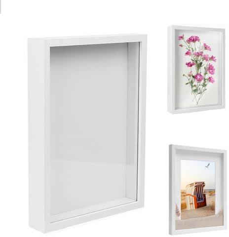 3D Bilderrahmen Zum Befüllen, Bilderrahmen Tief Hölzern Bis 3cm, Tiefer Zum Befüllen für Objekte Blumen Hochzeitsgeschenk oder Erinnerungsstücke (Weiß, 21 x 29.7 cm)