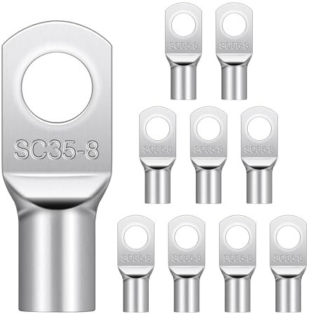 Set di 10 capicorda da 35 mm2, M8, in rame, non isolato, per cavo batteria da 35 mm², auto, connettore a schiacciamento, morsetto di terra, capicorda ad anello da 35 mm² (oro)