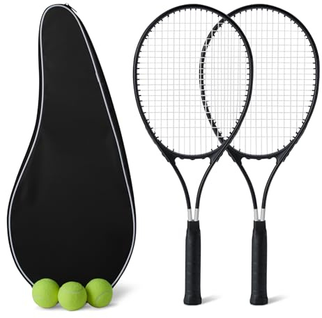 Amazon Basics Lot de 2 raquettes de tennis pour adulte 68.5 cm ,3 Balles et 2 surgrips, Noir