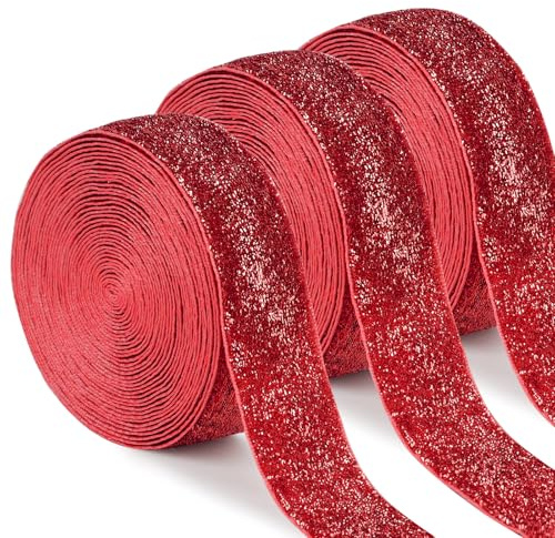 Uiopa 3 Rollen Glitzerband Samtband Rot Geschenkband Breit 25mm x 4,5m Schleifenband Samt Dekoband Ribbon Stoffbänder für Geschenkverpackungen, Kränze, Blumensträuße, DIY-Projekte