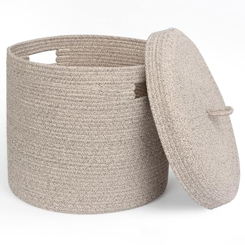 WILLITAT Storage Basket with Lid, Woven Blanket Storage for Living Room, Soft Cotton Rope Bin with Lid, Round Wicker Laundry Basket with Cover, Lidded Kids Dog Toy Bin, Nursery Organizer, 15 x 13