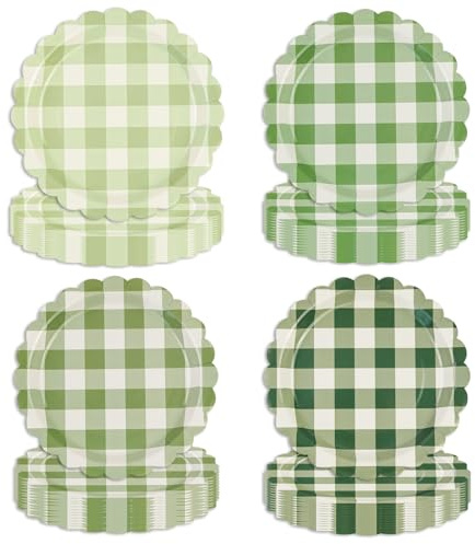 EVYIENEN 48 platos de papel festoneado verde salvia, platos de fiesta a cuadros de 7 pulgadas, desechables, a cuadros, decorativos, para cena, postre, para baby shower, boda, cumpleaños, 4 colores