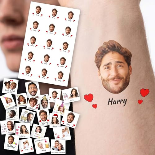 Tatouage Éphémère Personnalisé avec Visage - Tatouage Personnalisé avec Photo Nom Logo - Autocollants de Tatouage Temporaire Imperméables pour Mariage, Fête, Anniversaire, Noël, EVJF, EVG, Halloween