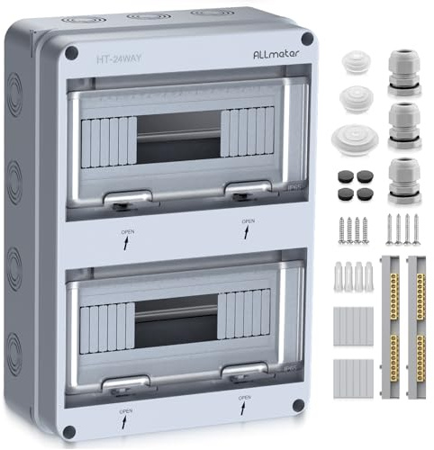 ALLmeter Tableau électrique 2 rangées Pour 24 modules, Coffret Electrique Etanche IP65, Boîte à Fusibles Distributeur en Saillie avec Terminaux et Rails Intégrés pour intérieur et extérieur