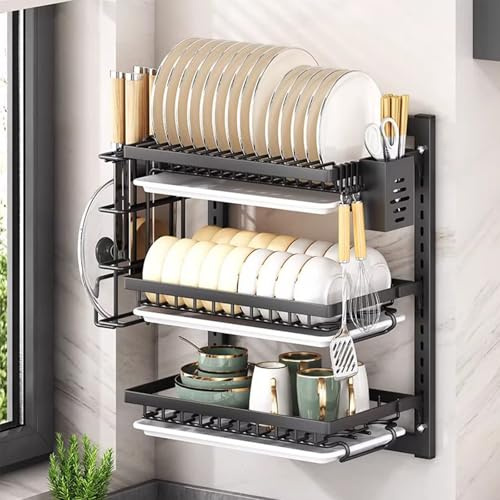 GUQASDV Wall Mounted Dish Drying Rack,Large dish drainer drying rack for Kitchen Counter,Multi-Level Kitchen Organizer with Drainboard Double-Layer Model(Black,3 Tier 42cm)