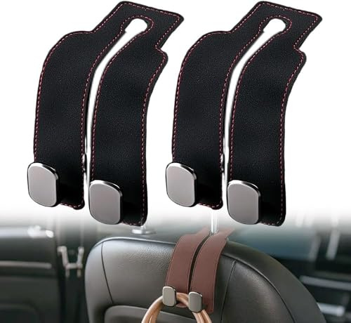 Gancho para Reposacabezas Auto, 2026 Ganchos para Asiento de Coche, Organizador de Asiento Trasero 2026, Gancho Doble para Bolsas y Carteros, Soporte de Cuero para Automóvil (Black-2pcs)
