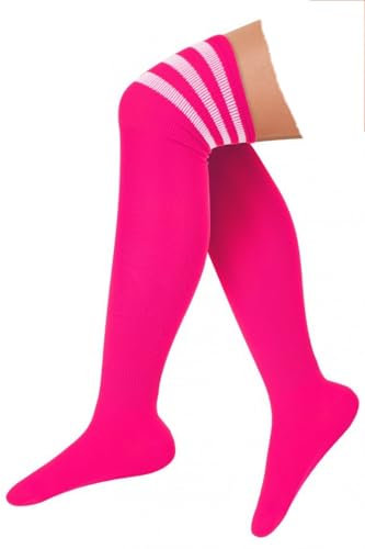krautwear Chaussettes de pom-pom girl pour femme et fille - Chaussettes rayées au-dessus du genou - Chaussettes rayées, Rose fluo, taille unique