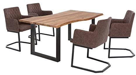 Woodkings Tischgruppe Clinton, Esstisch 170x90 mit 4 Schwingstühlen, Holztisch mit Baumkante, Esszimmerstuhl Kunstleder braun, Metall schwarz, Esszimmer Möbel