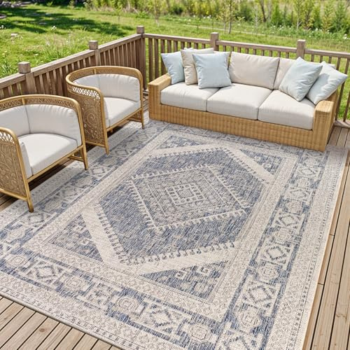 Livabliss Karba Indoor Outdoor Rug, Boho – 200x275 cm, Cream, Taupe & Blue