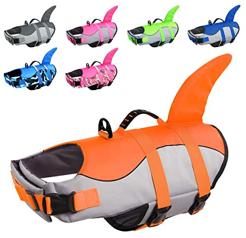 CITÉTOILE Schwimmweste Hunde Hai, Leicht und Sicher für Wassersport, hundeschwimmweste mit Griff und Reflektierend für Kleine Mittlere und Große Hunde, Orange, S