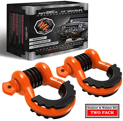 AUTMATCH Manilles à anneau en D de 1,9 cm (lot de 2) - Résistantes à la rupture avec goupille à vis de 2,2 cm et rondelles isolantes de manille pour sangle de remorquage - Orange