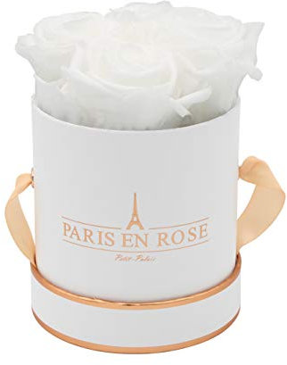 PARIS EN ROSE Rosenbox | mit 4 weißen Infinity Rosen Größe XL | konservierte ewige Rose | runde Weiß-Rosegold Box | 3 Jahre haltbar | Grußkarte