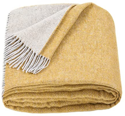 LYHome Merino Decke - Kuscheldecke Tagesdecke Sofa Wolldecke, Blanket Überwurfdecke Sofadecke Wohndecke, Flauschige Couchdecke Merinodecke, Flauschig Warm Plaid (140x200 cm | Senfgelb - Hellgrau)