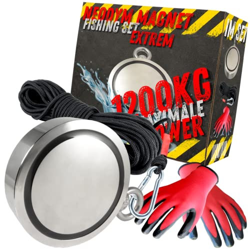 Neodym Magnetangel Set - 136mm - 1200 KG Zugkraft - Bergemagnet Magnetfischen Komplettset mit 20m Seil Wasserfeste Handschuhe für Magnet Fischen