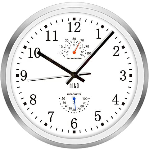 Hito, geräuschlose Wanduhr, batteriebetrieben, ohne Tickgeräusche, mit Glasabdeckung und silbernem Aluminiumrahmen, ideal für die Dekoration von Wohnzimmer, Küche, Schlafzimmer oder Heimbüro (30,5 cm,