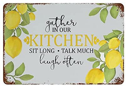 retro Yellow Lemons Gathered in Our Kitchen tin sign metal poster â€‹wall plaque decoration bar cafe home garage cave club garden Funny Decor art