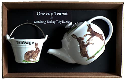 Hares 1 Cup teapot with Small Used Teabag Tidy Bucket