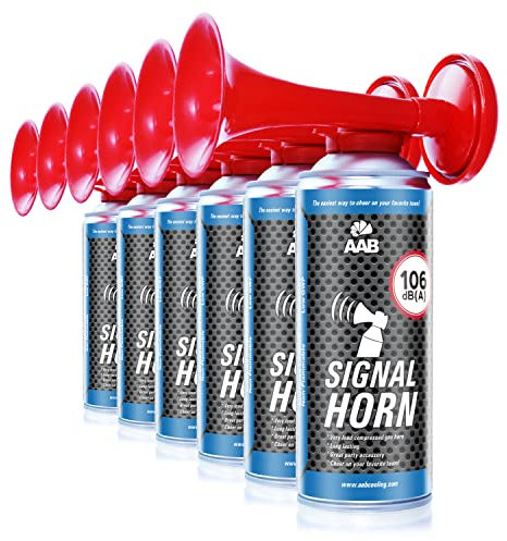 6 x AAB Signal Horn – Laut Air Horn 106 dB(A), Tröten Fußball Mit Nicht Brennbarem Gas, Bis Zu 120 Kurze Pieptöne, Lufthorn, Vuvuzela, Pressluft Gashupe, Drucklufthupe, Druckluftfanfare