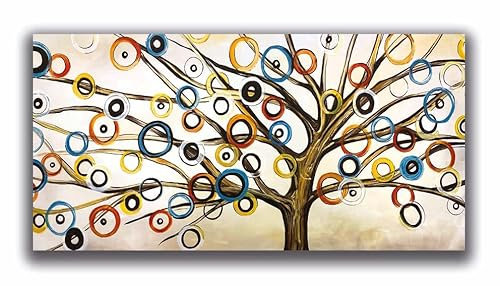 DIAMOND HOME Dipinto a Mano Acrilico su Tela con Telaio d'Abete - Quadro Materico Rettangolare con Dettagli in Rilievo - Made in Italy da Pittori Specializzati (70x140) ALBERO CERCHI-70x140