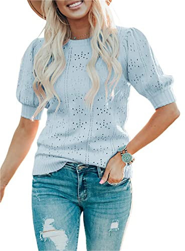 Jhsnjnr Womens Knit Pullover Sweaters Short Sleeve Dot Puff Sleeve Blouse Shirt Crew Neck Summer Tops Blue