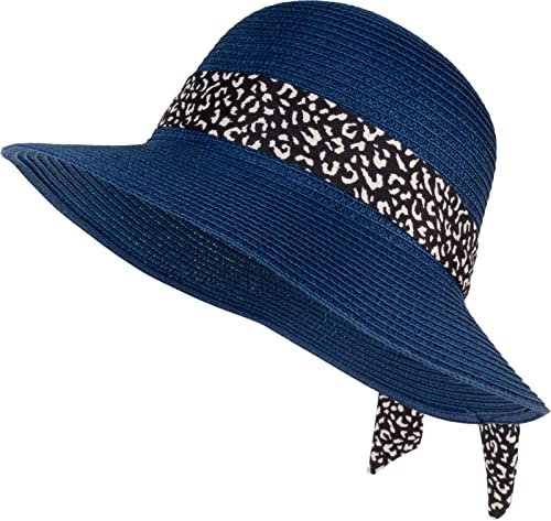 styleBREAKER Damen Sonnenhut mit Leoparden Muster Zierband, breite Krempe, Strohhut, Papierstroh Hut 04025035, Farbe:Dunkelblau