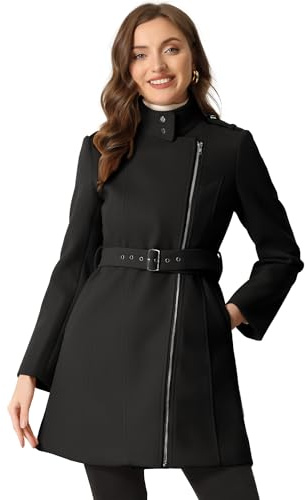 Allegra K Cappotto classico con colletto alla coreana per donna cappotto invernale con cerniera con cintura, Nero , S
