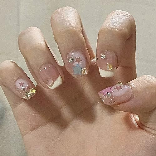 French Cute Extra Short Kids Stick-On Nails With Mermaid Bubble Beads - 24pcs Square Press-On Sweet Colour Design Funny Fake Nails for Women Girls (Sweet Heart)