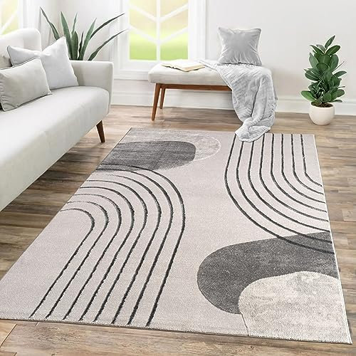 TT Home Wohnzimmer Teppich Kurzflor Geometrisches Design Abstrakte Optik, Farbe:Grau Creme, Größe:200x290 cm
