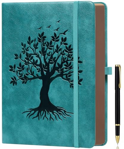 Dickes liniertes Tagebuch-Notizbuch mit Stift, 360 Seiten, 100 g/m² Papier, brauner gesprühter Rand, zum Schreiben, B5-Größe, Leder-Hardcover, für Arbeit, Büro oder Schule, 19,8 x 25,4 cm, Seegrün