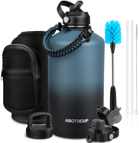 ABOTOCUP Botella de agua de 1 galón con recubrimiento en polvo, jarra de agua de 1 galón con tapas con popote y mango de paracaídas, botella de agua de galón aislada de doble pared a prueba de fugas,