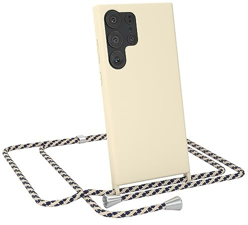 EAZY CASE - Handykette austauschbares Band - kompatibel mit Galaxy S23 Ultra Silikon Necklace(abnehmbar),Stoßdämpfung bei Sturz, Taupe mit Taupe/Blau Camouflage Clip Silber
