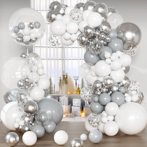 KARLURE Luftballons Silber Weiß Grau,Silber Weiß Luftballon Girlande Kit für Geburtstag Hochzeit Deko Taufe Babyparty Taufe Party Graduierung Party Dekoration