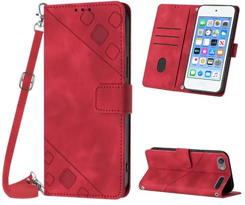 Mo-Beauty Hülle mit iPod Touch 7/6 / 5, PU Leder Flip Crossbody Handyhülle, verstellbare abnehmbare Halskette [Ständer] [Kartenfach] [Magnet] Schutzhülle für iPod Touch 7 - Rot