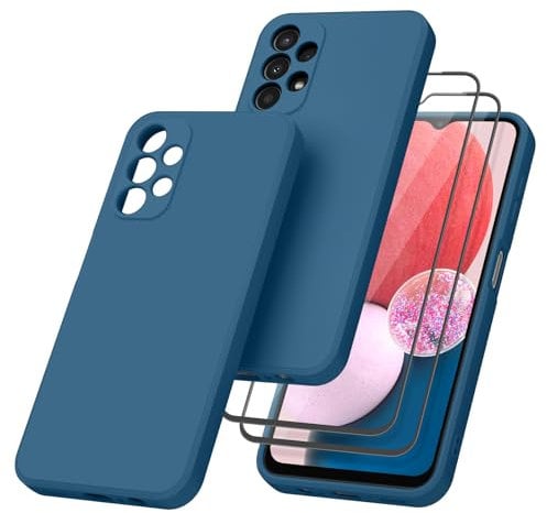 Mugust HandyHülle für Samsung Galaxy A13 4G Hülle, 【1 Hülle + 2 Stück Panzerfolie】für Samsung Galaxy A13 4G, Vollschutz Flüssigsilikonhülle 360 Grad Schutzhülle für Samsung A13 4G (Navy blau)