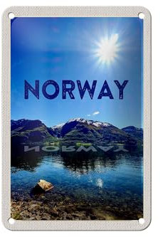 FEMER Blechschild Reise 12x18cm Norwegen Meer Strand Europa Gebirge Schild