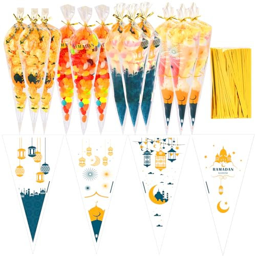 100 Stück Mubarak Süßigkeiten Tüten Eid Mubarak Partytüten Transparent Cellophantüten Ramadan Tüten zum Befüllen Süßigkeiten Taschen,Geschenktüten mit Ramadan-Motiven Papiertüten 25 × 13cm.