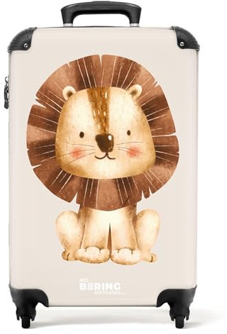 NoBoringSuitcases.com® Koffer Kinder Groß 67x43x25 cm Reisekoffer Kinderkoffer 4 Rollen Leicht Kindertrolley Mittelgroß Reise Hartschalenkoffer Löwe - Niedlich - Beige