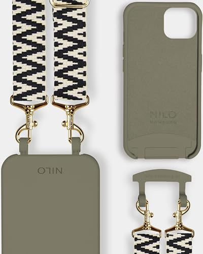 NILO® Set | Handyhülle mit Band, Handyband Black Pansy mit Oliver Handyhülle für iPhone 15 | hochwertige Handykette, verstellbar, mit Karabiner Gold