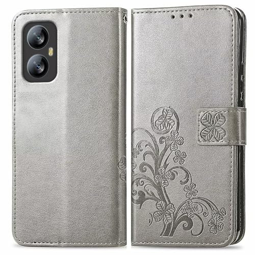RankOne Leather Phone Case for Smartphone, Compatible with Blackview A52 Pro (6.5 Inches), Wallet Case with 3 Card Slots 1 Coin Pocket Four Leaf Clover Pattern - Grey